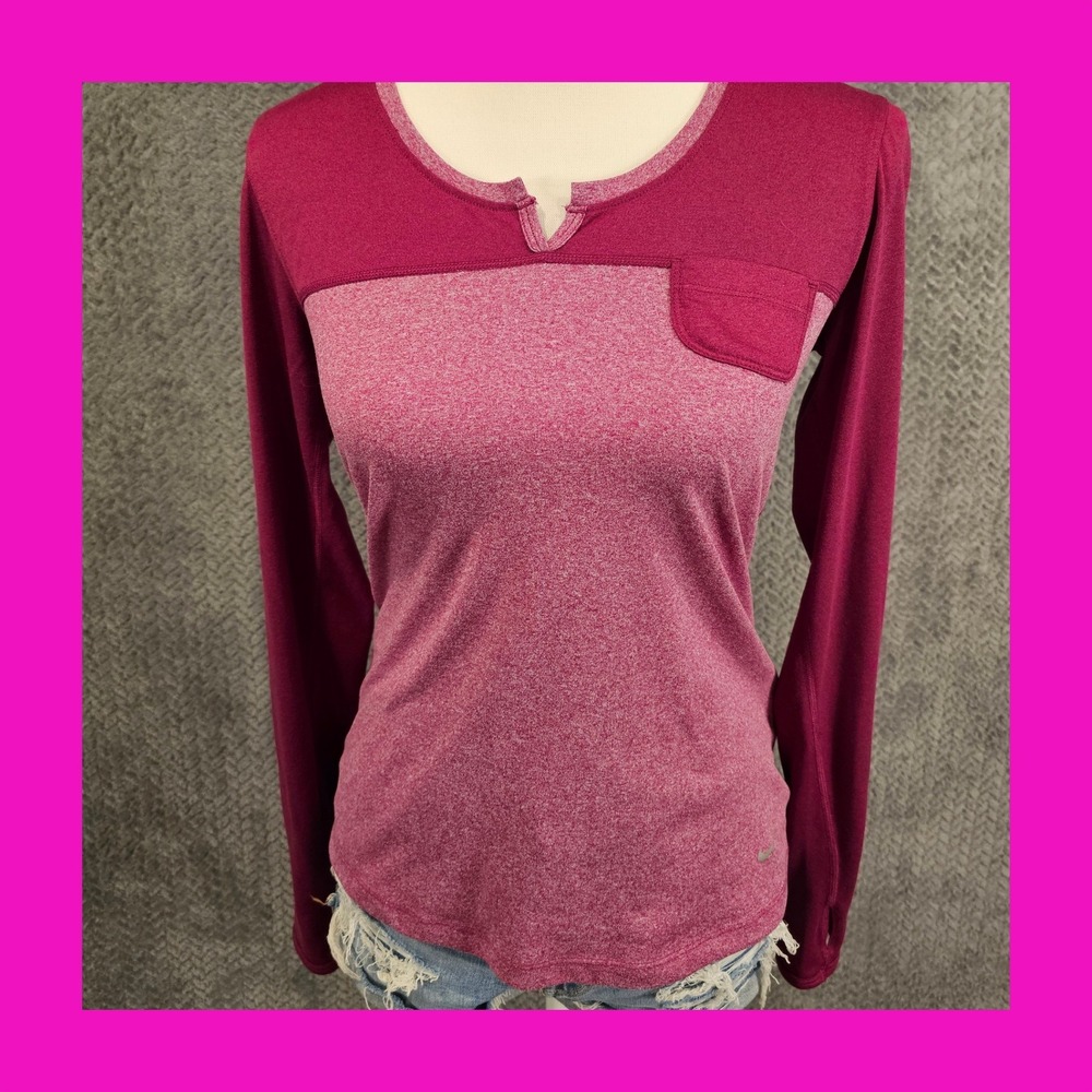 Nike Running Dri-FIT Long Sleeve Shirt Womens‎ Small Pink Colorblock Thumbhole